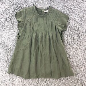 Nanette Lepore Blouse Womens XL Cap Sleeve Pleated Green Ruffle Neckline Flow